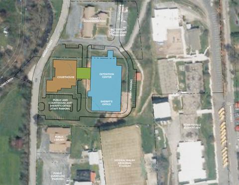 This overhead rendering shows the future location of the long-planned Graham County Justice Center, which commissioners selected Tuesday night.