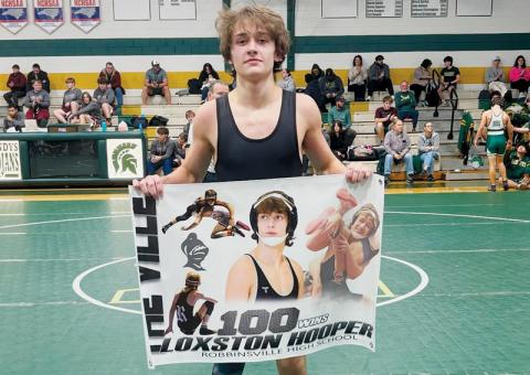 Loxston Hooper recorded career win No. 100 during Saturday’s Trojan Duals. Photo courtesy of Robbinsville Wrestling