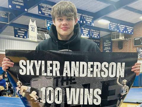 Skyler Anderson became the latest Black Knight to  record 100 career wins, achieving the feat Saturday during the Jim Hayes Invitational. Photo courtesy of Robbinsville Wrestling