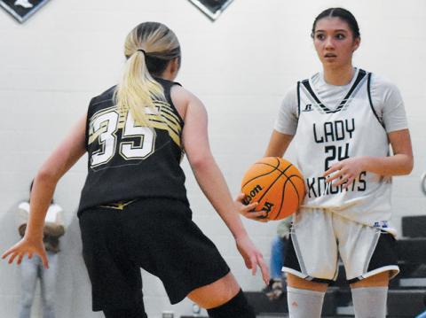 Lady Knights point guard Zayleigh Chekelelee scans the floor for passing options Monday against  Hayesville. Chekelelee recorded 22 points against the Lady Jackets in Robbinsville’s victory. Photo by Bella Eddings/The Graham Star