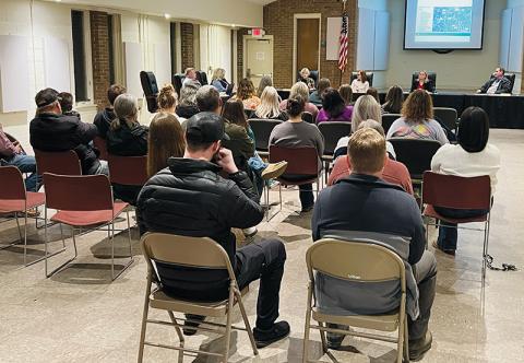 Members of the public and fellow board members alike listen to  commissioner Connie Orr as she addresses those in attendance for Monday’s special-called meeting, which was held to discuss more site options for the planned Graham County Justice Center. Photo by Kevin Hensley/editor@grahamstar.com