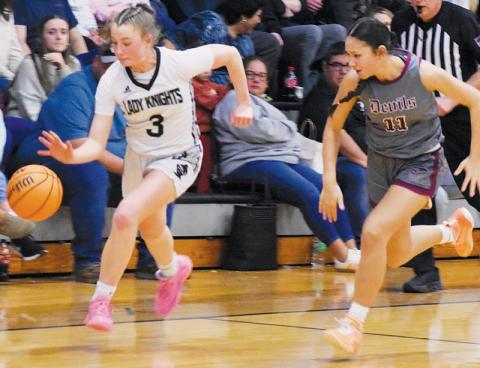Under the hot pursuit of Swain County’s Miley Teav (11), Abby Wehr breaks up the floor during the second half of Friday’s win over the Lady Devils. Wehr led Robbinsville with 15 points in the victory. Photo by Kensie Belk/The Graham Star