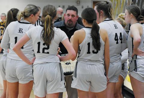 Lucas Ford draws up a play during a timeout Feb. 15, in the quarterfinals of the Smoky Mountain  Conference tournament against Murphy. Ford stepped down as the Lady Knights head coach at the conclusion of the season. Photo by Kevin Hensley/sports@grahamstar.com