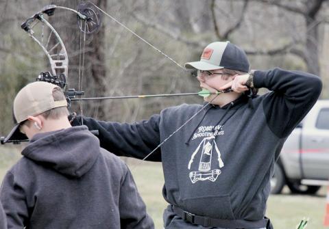 Robbinsville High School’s Murphy Shanahan draws back during Feb. 22’s archery competition in Marble. Photo courtesy of Cheri Lynn/Robbinsville Shooting Sports