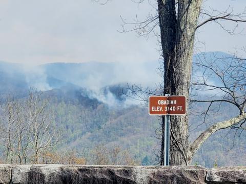 On-ground personnel worked to combat the Haoe Lead Fire inside the Joyce Kilmer Memorial Forest by creating a burn Monday. The smoke from Monday’s start can be seen in the center of this photo from the Obadiah Overlook on the Cherohala Skyway; to the left is smoke from the original fire, which started April 12. Photo courtesy of Joe Leak/U.S. Forest Service Safety Officer, Southern Area Gray Incident Management Team