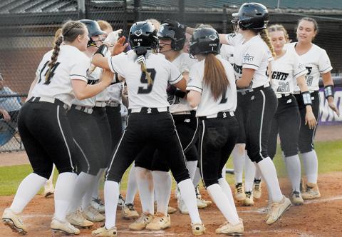 Home run celebrations are becoming a custom for Robbinsville softball. Dreylee Webster was the latest to join the long-ball club, as she delivered a 3-run homer Monday against A.C. Reynolds. Photo by Lexie Anderson/The Graham Star