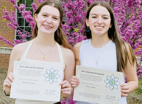 Robbinsville High School students Melissa Drouin (left) and Myley Hyde launched a project last fall that recently was afforded the Rho Pharmaceuticals Innovator Award at the state science and engineering fair.