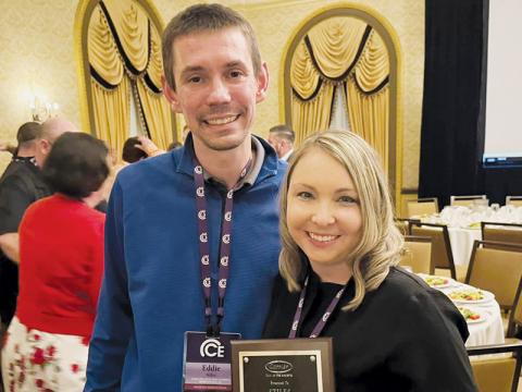 Carrier recognized Stiles Heating and Cooling for 15 years of loyal association at February’s dealer meeting in Greenville, S.C. Pictured are husband and wife owners Eddie and Hannah Stiles.