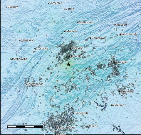 This ShakeMap illustrates the various areas across a four-state region that felt Saturday’s earthquake. The epicenter is marked by a star. Map courtesy of United States Geological Survey