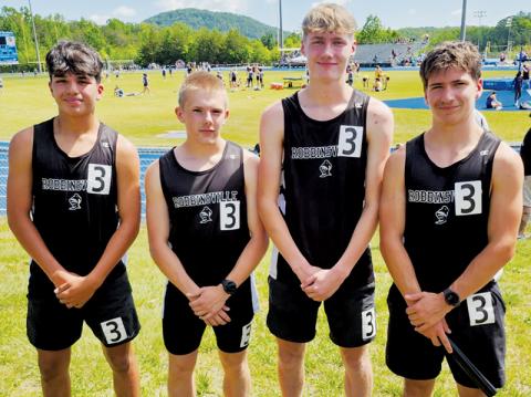 Robbinsville's 4x800 boys relay team broke the school record at Friday's meet. From left are Xamuel Wachacha, Austin Bohn, Nathan Frederick and Colton McCoy. Photo courtesy of Heather Wachacha
