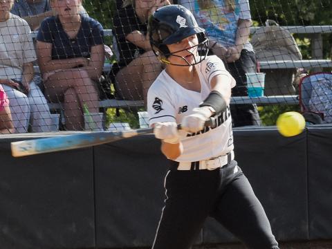 Sydney Adams was 1-of-4 Lady Knights to double in Tuesday’s 15-0, first-round playoff rout of Mitchell. Photos by Lexie Anderson/The Graham Star