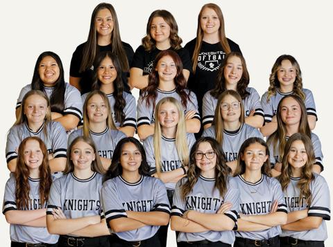 The Robbinsville Middle School Lady Knights repeated as Smoky Mountain Conference champions this season. All names are listed from left. Front row: Bella Ford, Mylee Webster, Aaliyah Wolfe, Lakelynn Drake, Makenna Stewart and Lakin Orr. Second row: Allie Phillips, Balee Odom, Ophelia Beasley, Bristol Odom and Bently Lambert. Third row: Ty Chekelelee, Haizleigh Driver, Ella Nelms, Natalee Myers and Myah  Winfrey. Back row: Assistant coach Ivy Odom, manager Caislee Lane and head coach Lauren Silvers.
