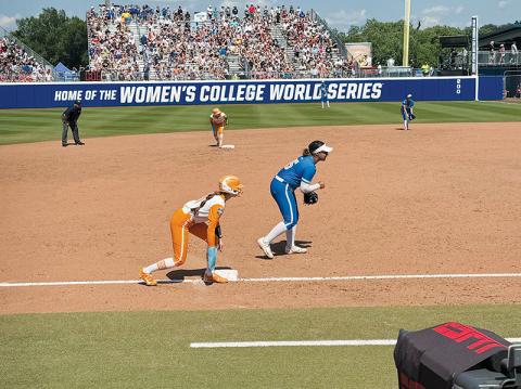 Lady Vols freshman Zoie Shuler stands at third in Tennessee's third game of the Women's College World Series June 1 against UCLA. Photo courtesy of Kylie Shuler