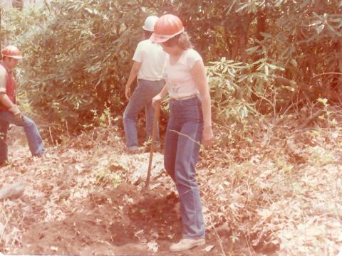 The Young Adult Conservation Corps Trail Crew work on  Cedar Top in April 1981. From left are crew leader G.D. Phillips; Kathy Wachacha; and Lorita Wall (Eller). Photo courtesy of U.S. Forest Service