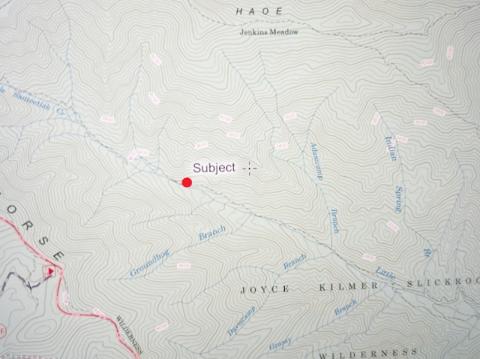 The red dot on this map indicates the location where local resident Misty Buchanan was found after going missing during a hike inside the Joyce Kilmer Memorial Forest on Oct. 25.