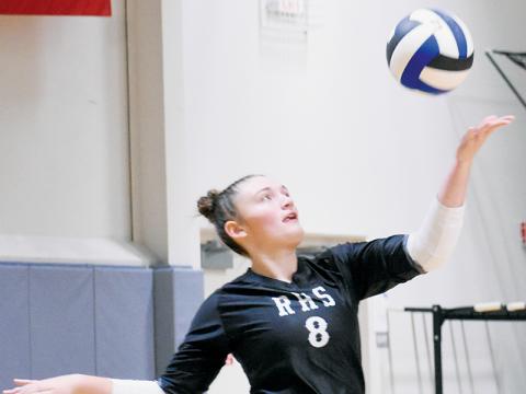 Ryn Hooper prepares for a serve Oct. 23 at Bethany Community School. The Lady Knights’ setter is the only player Robbinsville will lose to graduation. Photo courtesy of Brooklyn Cox/Contributing Photographer