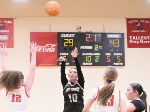 Freshman point guard Zayleigh Chekelelee releases a halftime buzzer-beater attempt during Robbinsville's season opener at Copper Basin on Dec. 1. Chekelelee scored 17 in the Lady Knights' home debut Friday. Photo by Kevin Hensley/sports@grahamstar.com