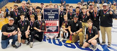 The Robbinsville Black Knights won the program’s second dual-team state championship Tuesday night, defeating the South Davidson Wildcats 58-24 in the finals. Photo courtesy of Robbinsville Wrestling