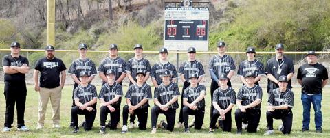 The 2026 Robbinsville Black Knights. Names are listed from left in both rows. Kneeling in front: Jackson Lane, Ayden Farley, Xamuel Wachacha, Benton Gibby, Ayden Conley, Tegan Werner, Deacon Hyde and Joshua  Satterfield. Standing: assistant coach Ethan Orr, head coach Thomas Menard, Zander Davis, Rylen Orr, Luke Lovin, Easton Shuler, Everett Taylor, Peyton Brooks, Evan Menard, and assistant coaches Adam Brooks and A.J. Conley. Photo by Kevin Hensley/sports@grahamstar.com