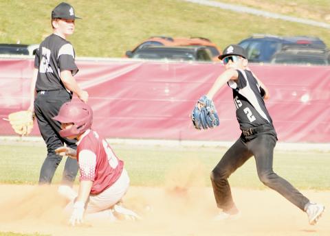 As Connor Hyde (22) looks on, Robbinsville's Kamden Driver (2) looks to turn the second leg of a double play during April 23's JV victory over Swain County. Photo by Kevin Hensley/editor@grahamstar.com