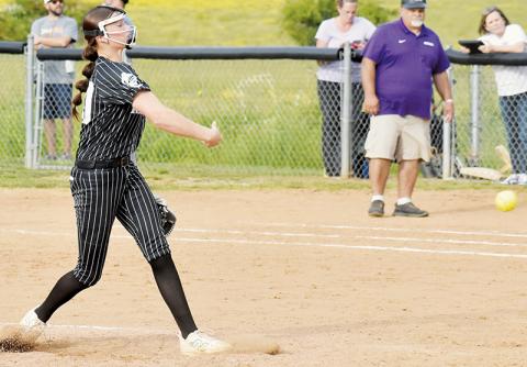 Robbinsville freshman Ella Nelms returned to the circle for the Lady Knights' playoff opener against River Mill Academy. She combined for 20 strikeouts against both the Lady Jaguars and Tuesday's third-round opposition, Falls Lake Academy. Photo by Bella Eddings/The Graham Star