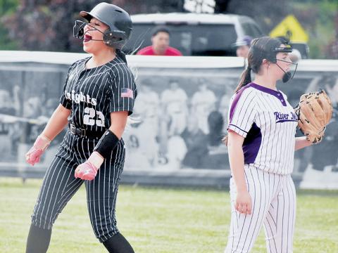 Suri Watty celebrates after reaching second base in Robbinsville's second-round playoff rout of River Mill Academy on May 8. Photo by Bella Eddings/The Graham Star