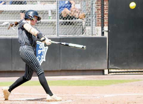 Ella Nelms drives the ball during Game 2 of the 1A state championship series May 30. Nelms was recently named to the MaxPreps Small Town All-American Team. Photo by Kevin Hensley/editor@grahamstar.com