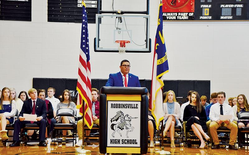 Sgt. Adam Wachacha was the guest speaker during Robbinsville High School's Salute to Our Veterans program on Friday.