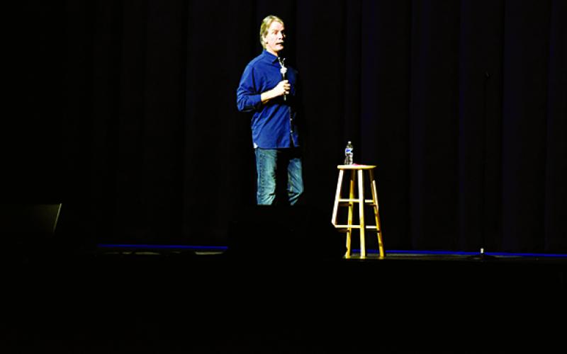 The setup for a Jeff Foxworthy performance in 2020 is very ordinary: a stool, a water bottle and a microphone. A simple set for a simple man. Photos by Kevin Hensley/editor@grahamstar.com