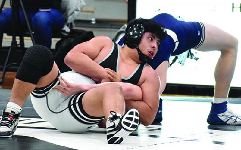 Robbinsville's Jaret Panama has Mount Airy's Luke Leonard down for the count in the 170-pound bout of Tuesday's second-round state dual. Photo by Kevin Hensley/editor@grahamstar.com