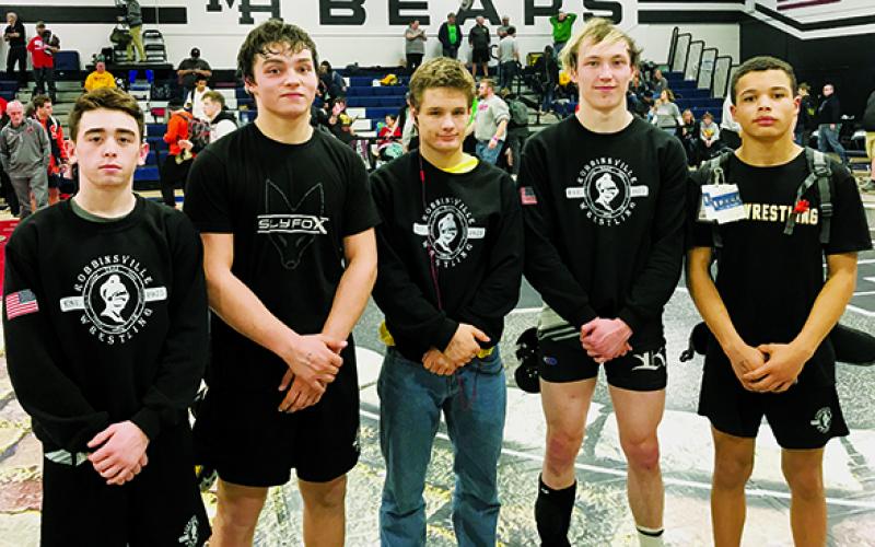 These five Robbinsville High School grapplers qualified for the 1A state tournament at the Western Regional tournament, which was held at Mount Airy this year. From left are Luke Wilson, Kyle Fink, Nathan Fisher, Justin Stewart and Jayden Nowell. Photo by Todd Odom/Contributing Photographer