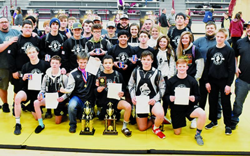 Members of the Robbinsville High School wrestling program come together to celebrate Saturday’s Smoky  Mountain Conference Tournament championship. Photos by Kevin Hensley/editor@grahamstar.com