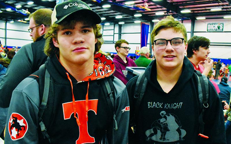 Robbinsville Middle School’s Kage Williams (left) and Koleson Dooley pause between bouts at Saturday’s state championship tournament in Concord. Photo by Kevin Hensley/editor@grahamstar.com