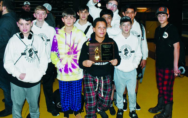 The Robbinsville Middle School Black Knights finished second at Saturday’s Smoky Mountain Conference Tournament in Cherokee. From left are Ryelon Waldroup, Ethan Webster, Houston Ditmore, Dalton Hill, Isaac Picon, Juan Rios, Koleson Dooley, Mason Phillips, Anjelo Fierro and Whelon Sellers. Photos by Kevin Hensley/editor@grahamstar.com