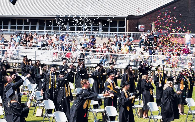 Time to celebrate! The Robbinsville High School Class of 2020 kicks off a victory party at the conclusion of Saturday’s commencement. Photo by Art Miller/amiller@grahamstar.com