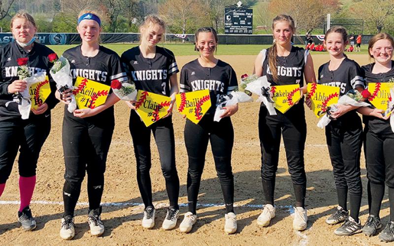 Prior to Tuesday’s season finale, Robbinsville Middle School recognized its eighth-grade softball players: Liz Carpenter, Keilee Pressley, Claire Barlow, Bailie Conley, Lakelyn Eller, Abby Adams and Olivia Stewart (from left). Photo courtesy of Anna Stewart