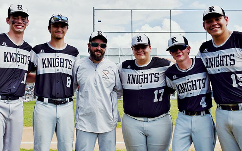 Prior to Tuesday’s game against Cherokee, Robbinsville High School recognized its seniors. Pictured are Jeb Shuler, Kayden Brock, head coach Brent Icenhower, Hunter Jones, Ethan Beavers and Rossi Wachacha (from left).