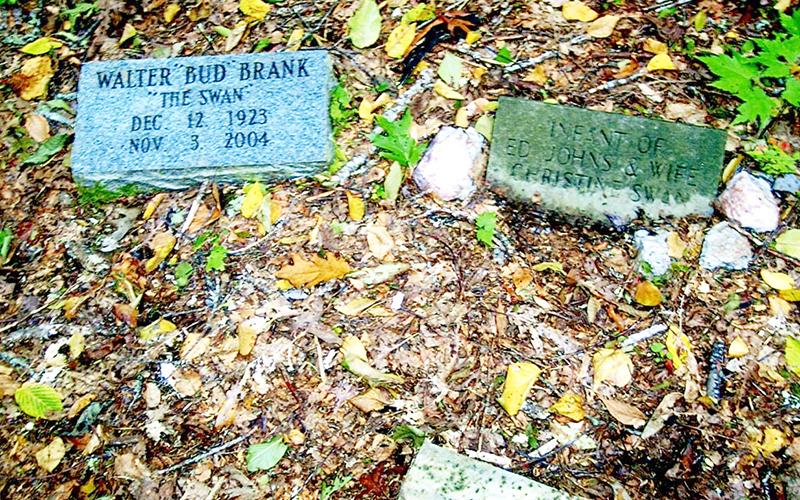 Graves on a ridge top near Swan Meadows: Walter “Bud” Brank – “The Swan” – Dec. 12, 1923 – Nov. 3, 2004; infant of Ed Johns and wife Christine Swan. Mark and Gina Rogers helped locate the graves. Photo by Marshall McClung/The Graham Star