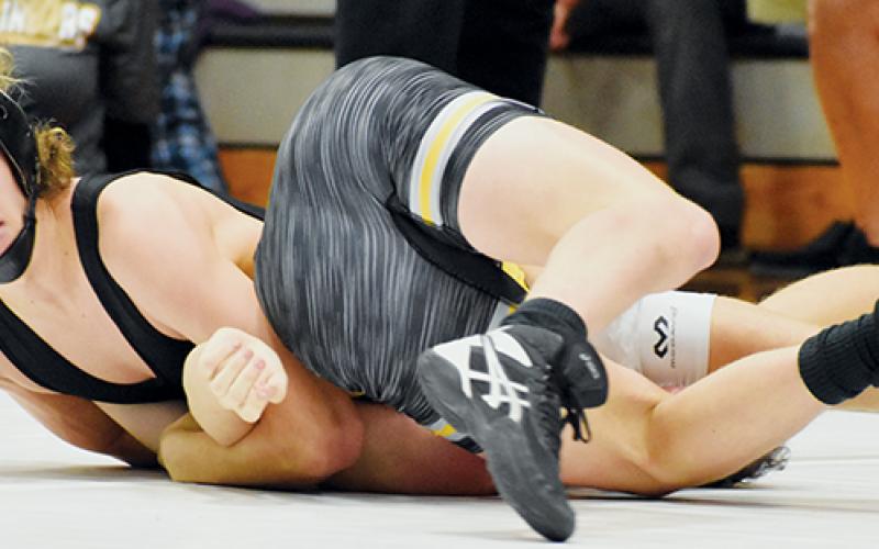 Robbinsville senior Zane Lucksavage has Tuscola’s Gunnar Hills compromised during a consolation-semifinal 138-pound bout at Saturday’s James Orr Invitational.