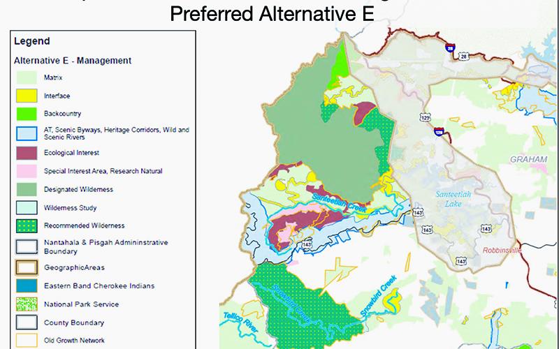 This proposed management plan for the Nantahala National Forest – “Alternative E” – has been presented to the Graham County Board of Commissioners.