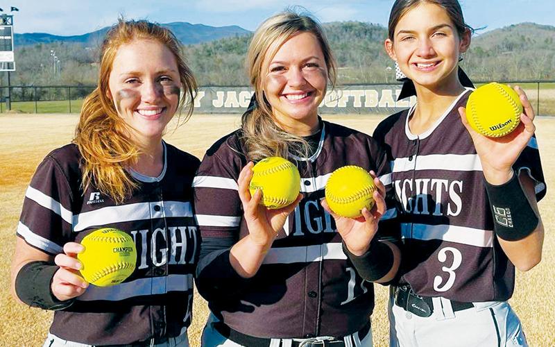 Robbinsville continues to pulverize the ball, with three Lady Knights launching long balls Monday at Hayesville. From left are Halee Anderson, Patience Frapp – who hit two – and Memory Frapp. Photo courtesy of Susan Crowe