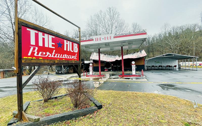 Caution tape surrounds The Hub restaurant in Robbinsville. Fire gutted the restaurant early Sunday morning. Photo by Randy Foster/news@grahamstar.com