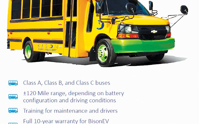 A portion of a brochure from Bison EV shows a retrofitted school bus, as well as  services and features the company provides.
