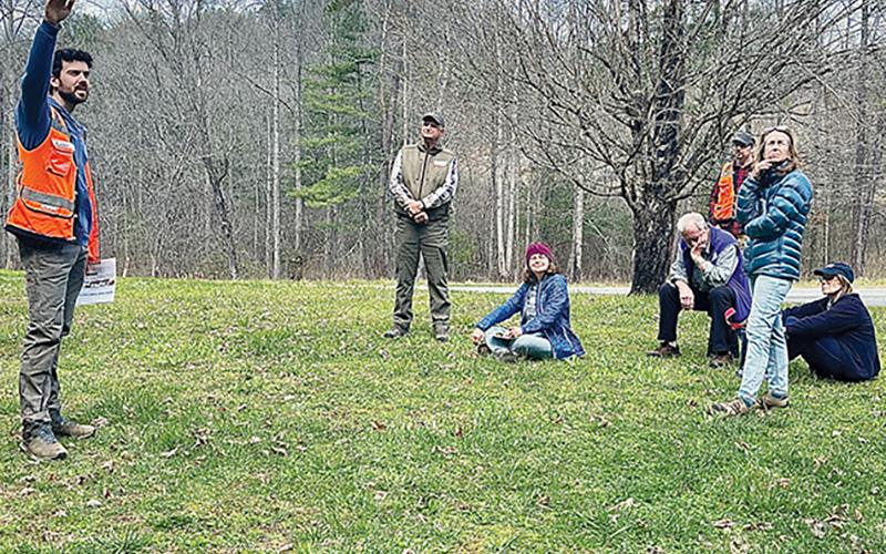 Aaron Whittemore (left) with the Hemlock Restoration Initiative describes the difference between healthy and unhealthy hemlock trees near Robbinsville on March 29. Photos by Randy Foster/news@grahamstar.com