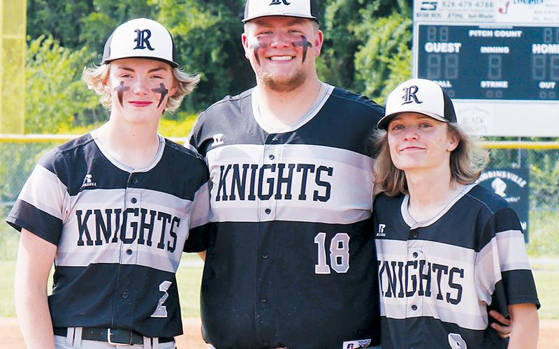 Prior to May 5’s season finale against Hiwassee Dam, the Robbinsville Black Knights recognized their three baseball seniors: Cole Patterson, Carson White and Kade Garrison (from left). Photo courtesy of Haylee Crisp/Robbinsville High School