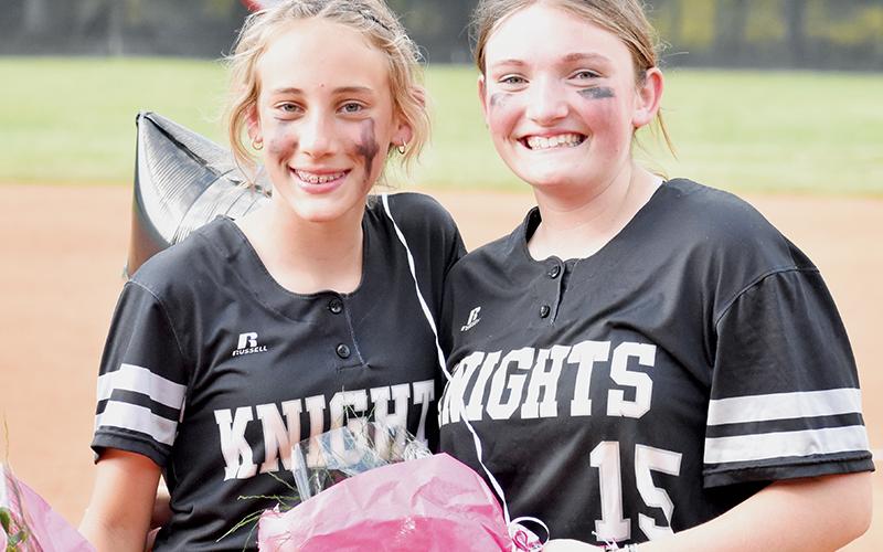 After Tuesday’s games against Hiwassee Dam/Ranger, Robbinsville Middle School recognized its eighth-grade baseball and softball athletes. For the Lady Knights: Anna Williams (left) and Ryn Hooper. Photos by Kevin Hensley/sports@grahamstar.com