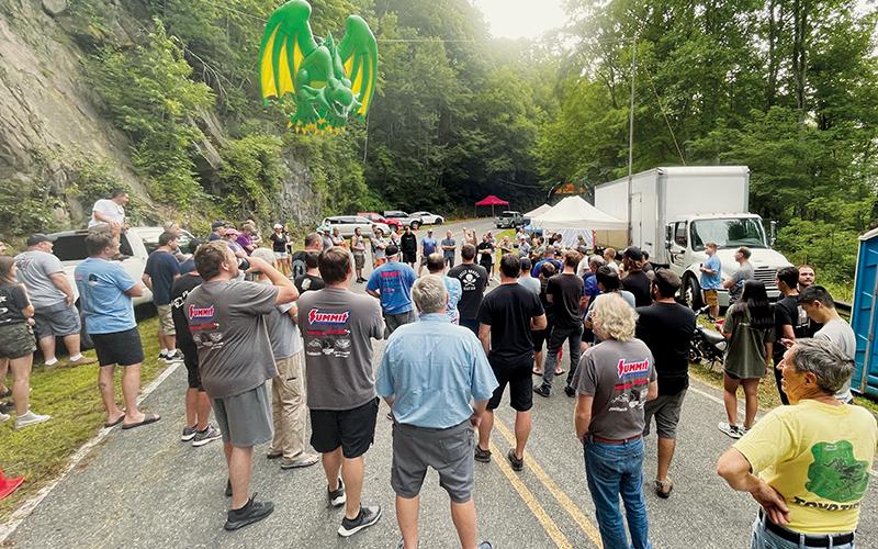 An overhead, inflatable dragon greeeted spectators at Saturday's segment of the annual Hill Climb, held inside the Joyce Kilmer Memorial Forest.