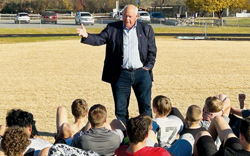 Fulmer spoke to the crowd gathered at Robbinsville High School for the N.C. Faith & Freedom Coalition’s stop in Graham County. But before the event, Fulmer arrived early enough to talk with the Knights’ football team at the conclusion of their practice.