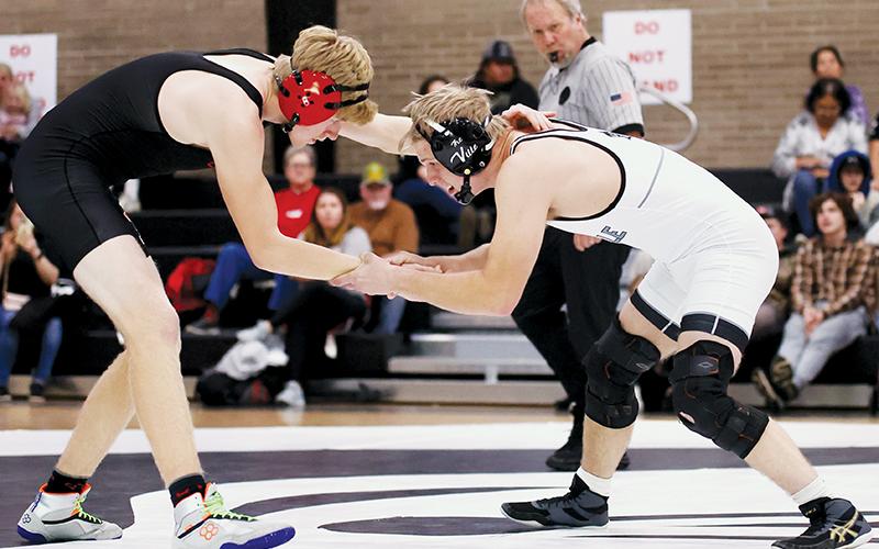 Robbinsville senior Willie Riddle locks horns with Franklin’s Chase Browning during the Nov. 30 home dual against the Panthers. Photo courtesy of Miranda Buchanan/Robbinsville High School Yearbook