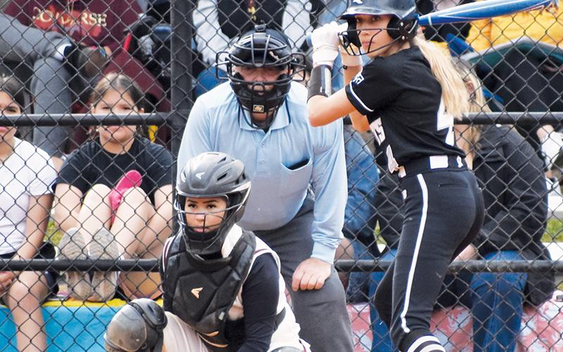Freshman outfielder Anna Williams – shown waiting for a pitch Friday at Cherokee – had Robbinsville’s lone extra-base hit March 30 in an 8-0, home loss to Enka.